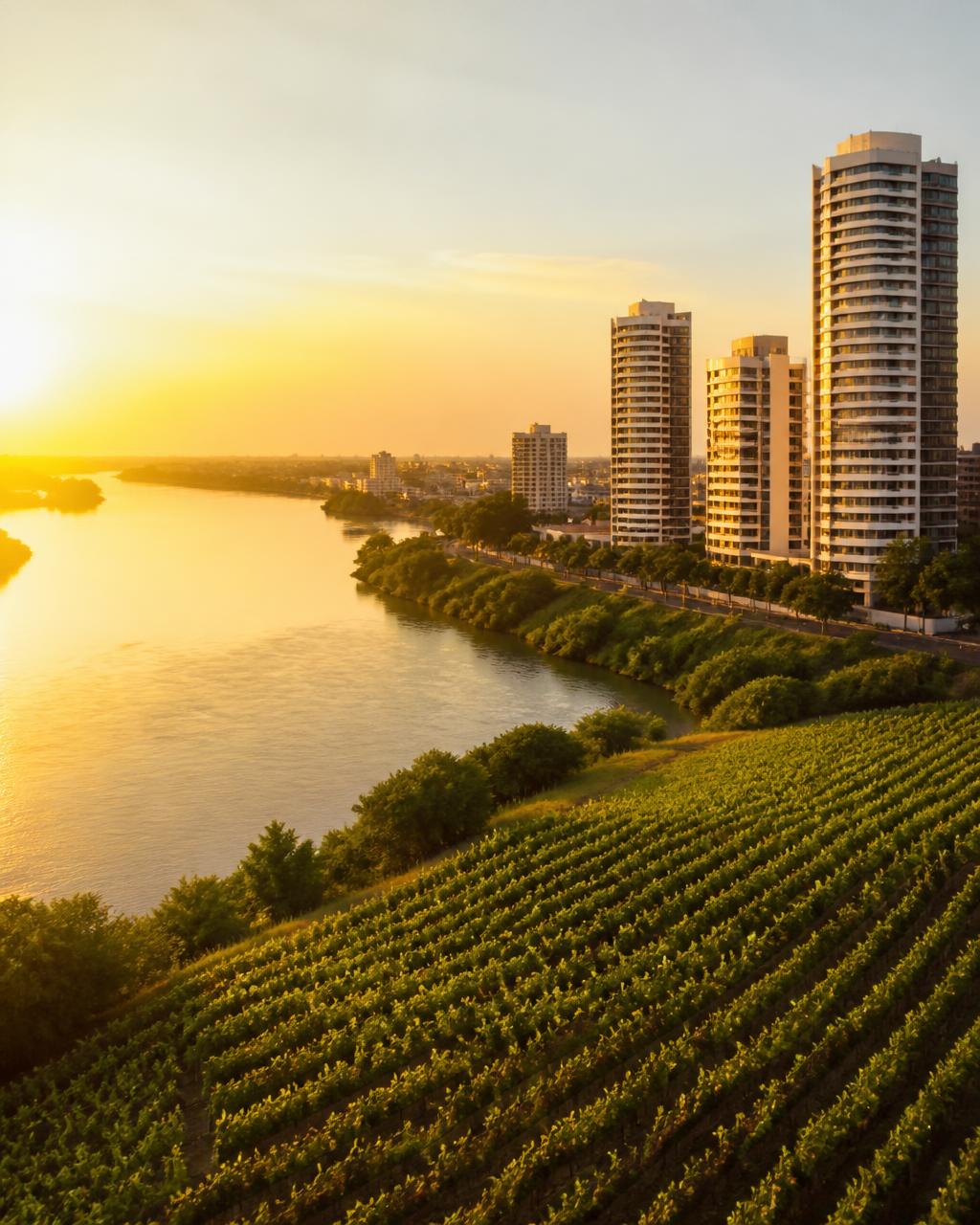 Vale do São Francisco em Petrolina ao pôr do sol, com edifícios à beira do rio